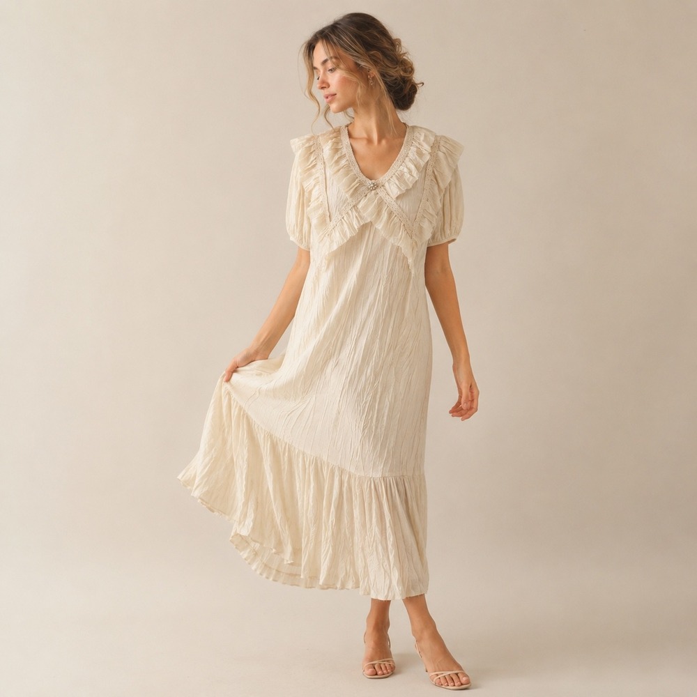 J_peak Crinkle Ruffle Oversized Collar Long Midi Dress Size M Lace Trim Twee